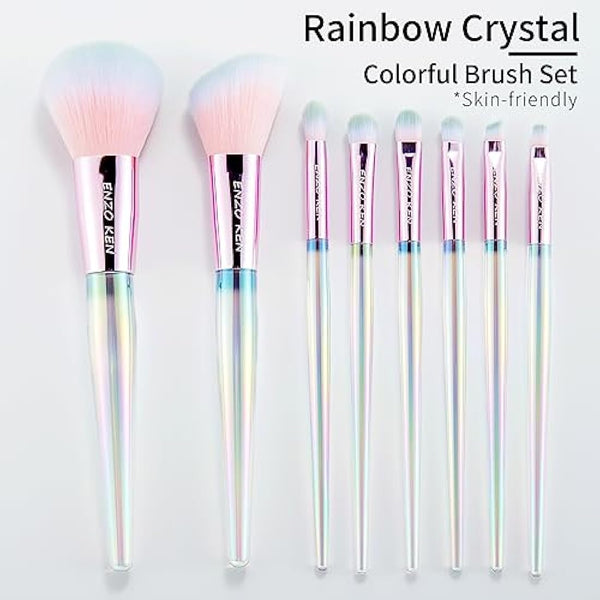 ENZO KEN Rainbow Crystal Makeup Brush Set Professional, Vegan Makeup Brush Set with Case, Bedazzled Cosmetic Brush Makeup Set, Sparkly Make up Brushes Vegan, Colorful Make up Brushes Set Professional.
