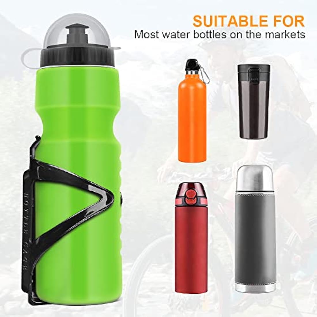 Ainiv Bike Water Bottle Cage with BPA-free 800ml/28oz Bike Bottle(Green), Black Gloss Strong Bike Water Bottle Holder, Bicycle Cup Holder, Cycling Bottle Holder for Road Bike and Mountain Bike