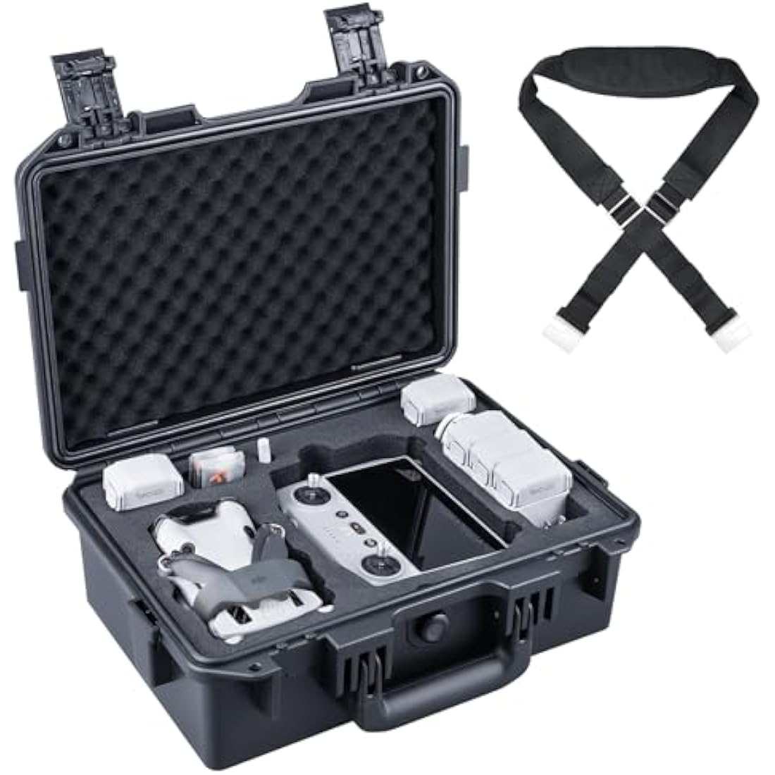 Lykus Titan MM410 Waterproof Hard Case for DJI Mini 4 Pro/Mini 3/Pro and RC2/RC/RC-N2/N1, Black with Shoulder Strap, Support 7 Batteries and RC Lanyard [CASE ONLY]