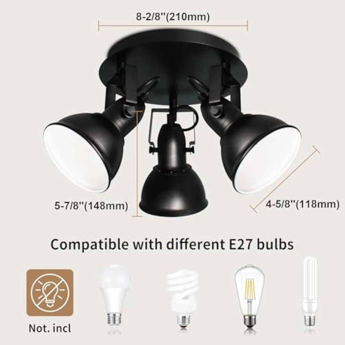 HiBay 3 Way Ceiling Light, Black Spotlight Fittings Ceilings Round Plate, Adjustable E27 Light Fitting, for Living Room Bedroom Hallway, No Bulbs
