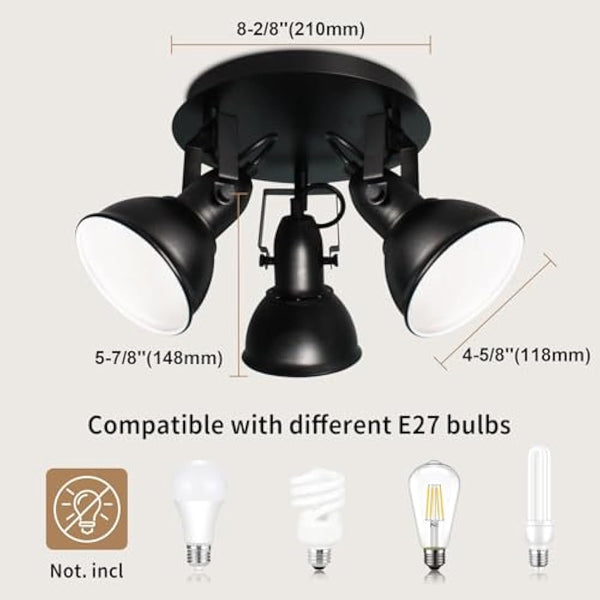 HiBay 3 Way Ceiling Light, Black Spotlight Fittings Ceilings Round Plate, Adjustable E27 Light Fitting, for Living Room Bedroom Hallway, No Bulbs