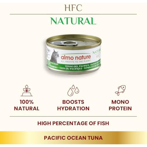 Almo Nature HFC Natural - Wet Cat Food for Cats - Pacific Tuna - Gluten-Free, Grain-Free, Human-Grade, Monoproteic - 70g (Pack of 24)