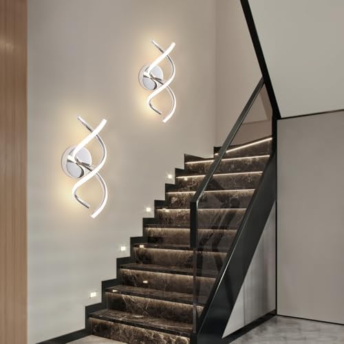 EIDISUNY Wall Lamp LED Silver Modern Elegant Spiral Indoor Wall Lights for Bedside Bedroom Living Room Hallway Bathroom Kitchen Wall Lighting Fixture - Chrome 24W 3000K Warm White Light
