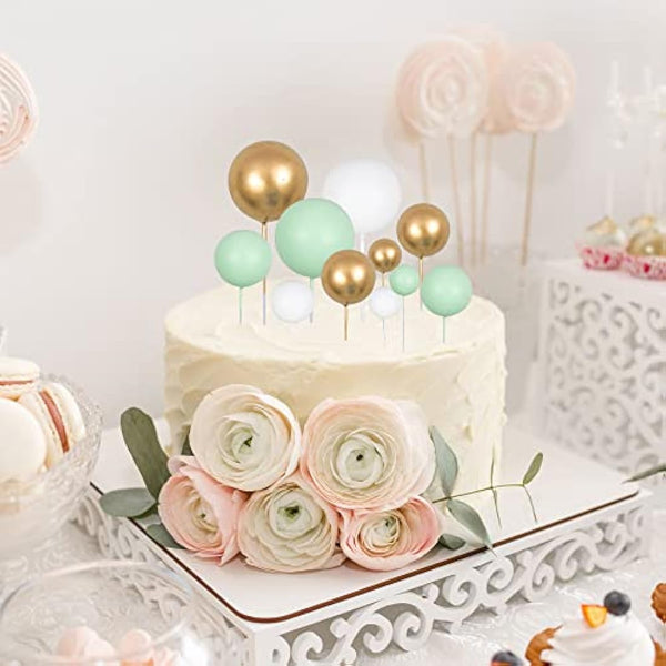 Gyufise 30Pcs Balls Cake Topper Mini Balloons Cupcake Topper DIY Cake Insert Topper Foam Cake Balls Baking Decoration for Wedding Anniversary Valentines Day Birthday Party Green Gold White