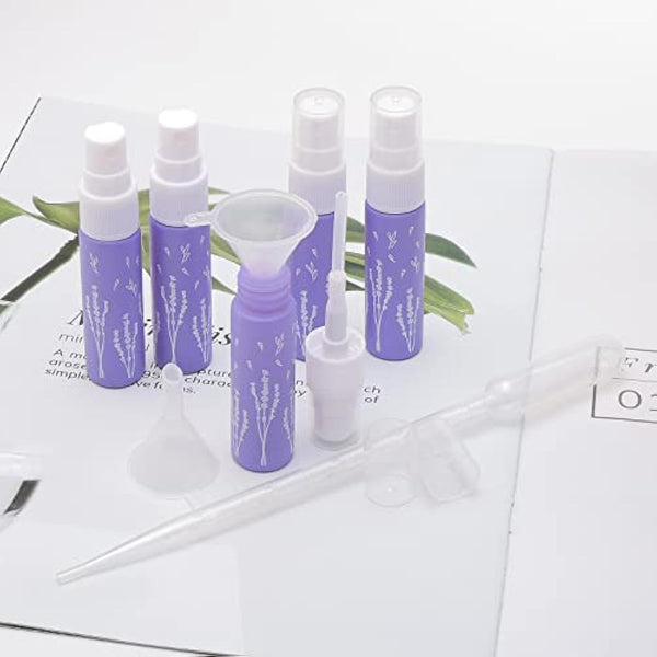 Unxuey 10pcs 10ml Purple Perfumes Spray Bottles, Dispenser Atomizer, Glass Empty Tube Travel Size Refillable Sample Container for Various Water-based Liquids with 10 Funnels+5 Droppers