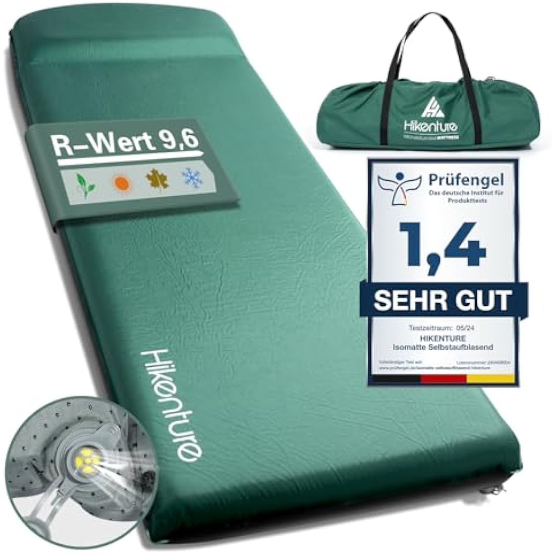 HIKENTURE Self-Inflating Sleeping Mat, 8 cm Thick Foam Camping Mattress, Self-Inflating Air Mattress, Comfortable Sleeping Mat for Outdoor, Tent, Hiking A2