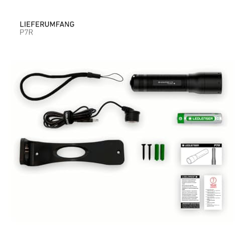 Ledlenser P7R torch LED, 1000 lumens, rechargeable Lithium 18650 battery, 210m long distance beam, focusable, up to zu 40h runtime, incl. magnetic charging system and wall mounting, Flashlight