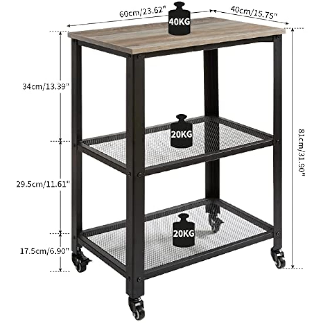 IBUYKE Serving Cart Trolley 60x40x81cm, Industrial Kitchen 3 Levels Shelves, Rolling Utility Cart with 4 Wheels, Heavy Duty Storage Organiser for Kitchen living room TMJ011Y