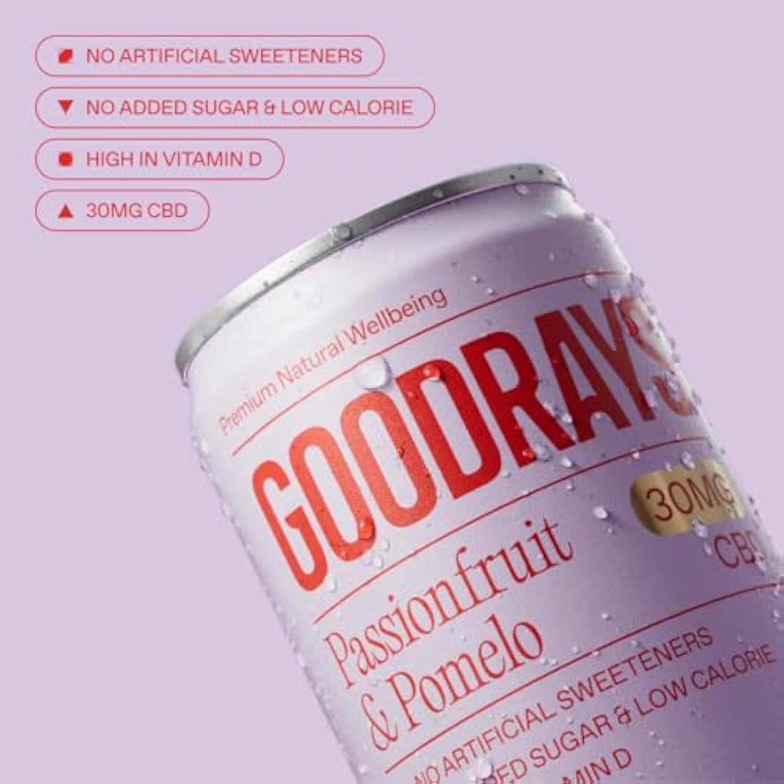 Goodrays - 30mg CBD Drink - 24 x 250ml Cans - Passionfruit & Pomelo - Natural Flavours, Low Calorie, Vegan - High Strength (30mg/can), All Natural - Reduce Stress & Unwind, Packaging May Vary
