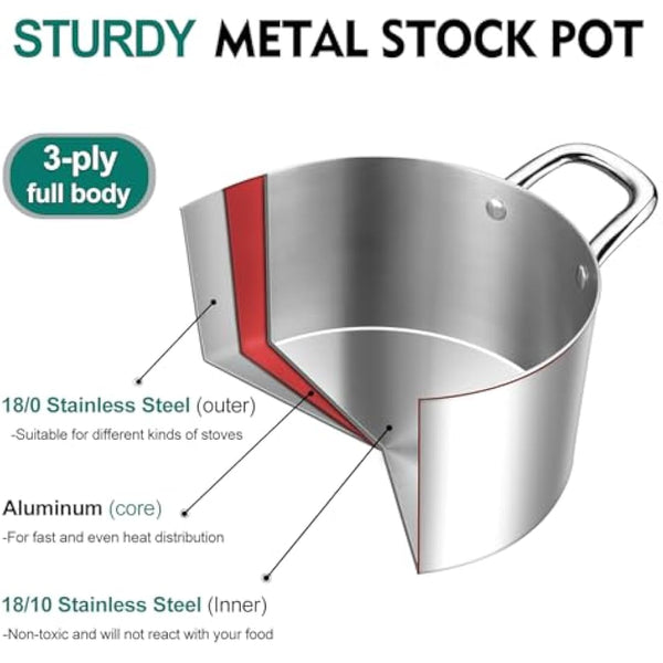 HaWare 7.7L Stock Cooking Pot, 26cm Tri-Ply Stainless Steel Soup Pot with Visible Lid, Large Induction Cooking Stockpot Suit for All Kitchen Stove Top, Healthy & Non Toxic, Easy Clean