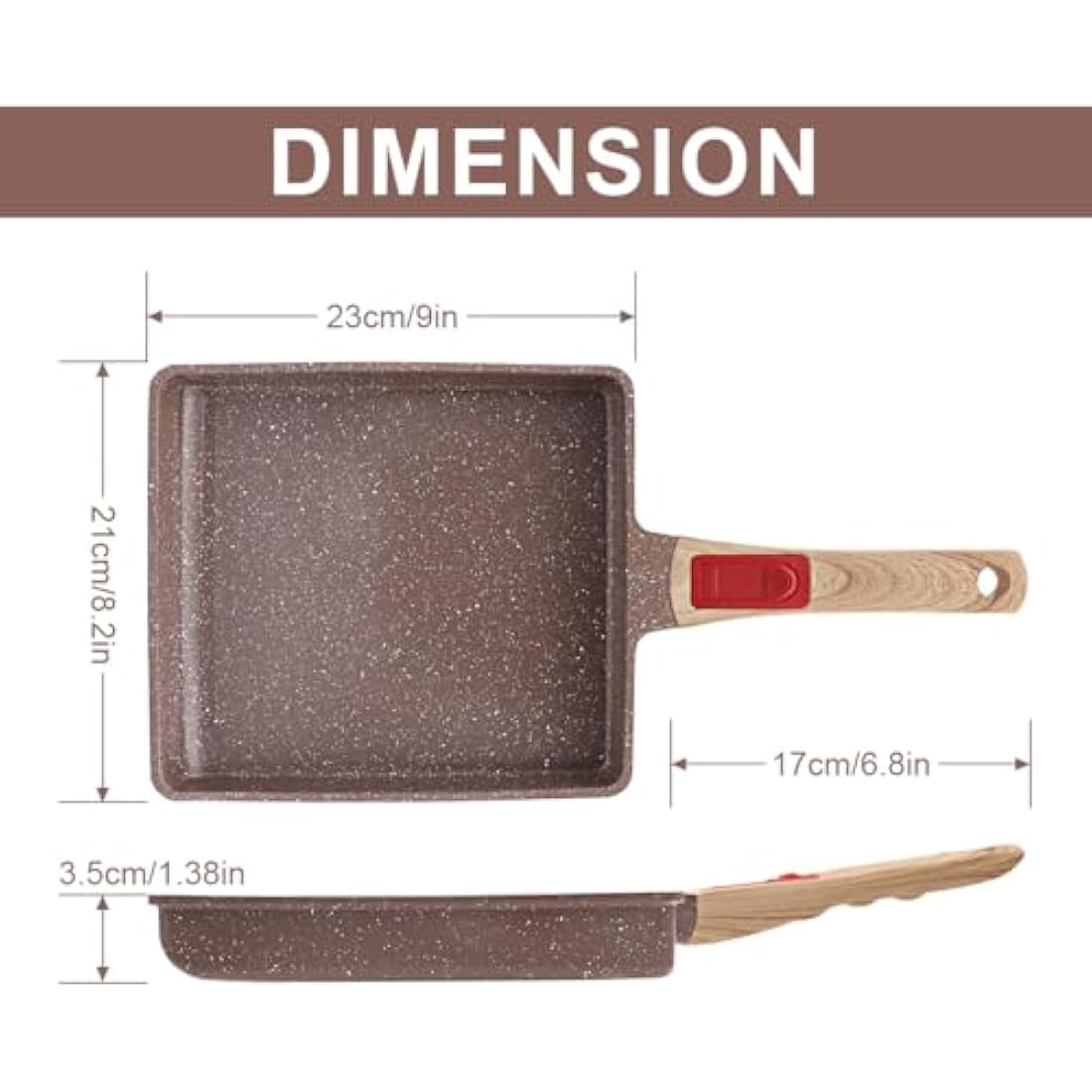 AIKENBBKK Ceramic Nonstick Tamagoyaki Pan, Large Japanese Omelette Pan Omelette Egg pan with Detachable Handle, Oven& Dishwasher Safe, 23x21 cm (Brown)
