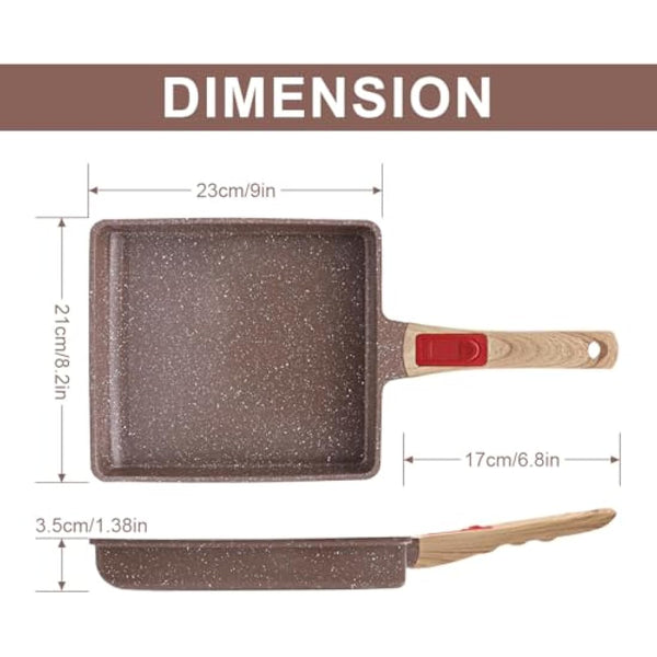 AIKENBBKK Ceramic Nonstick Tamagoyaki Pan, Large Japanese Omelette Pan Omelette Egg pan with Detachable Handle, Oven& Dishwasher Safe, 23x21 cm (Brown)