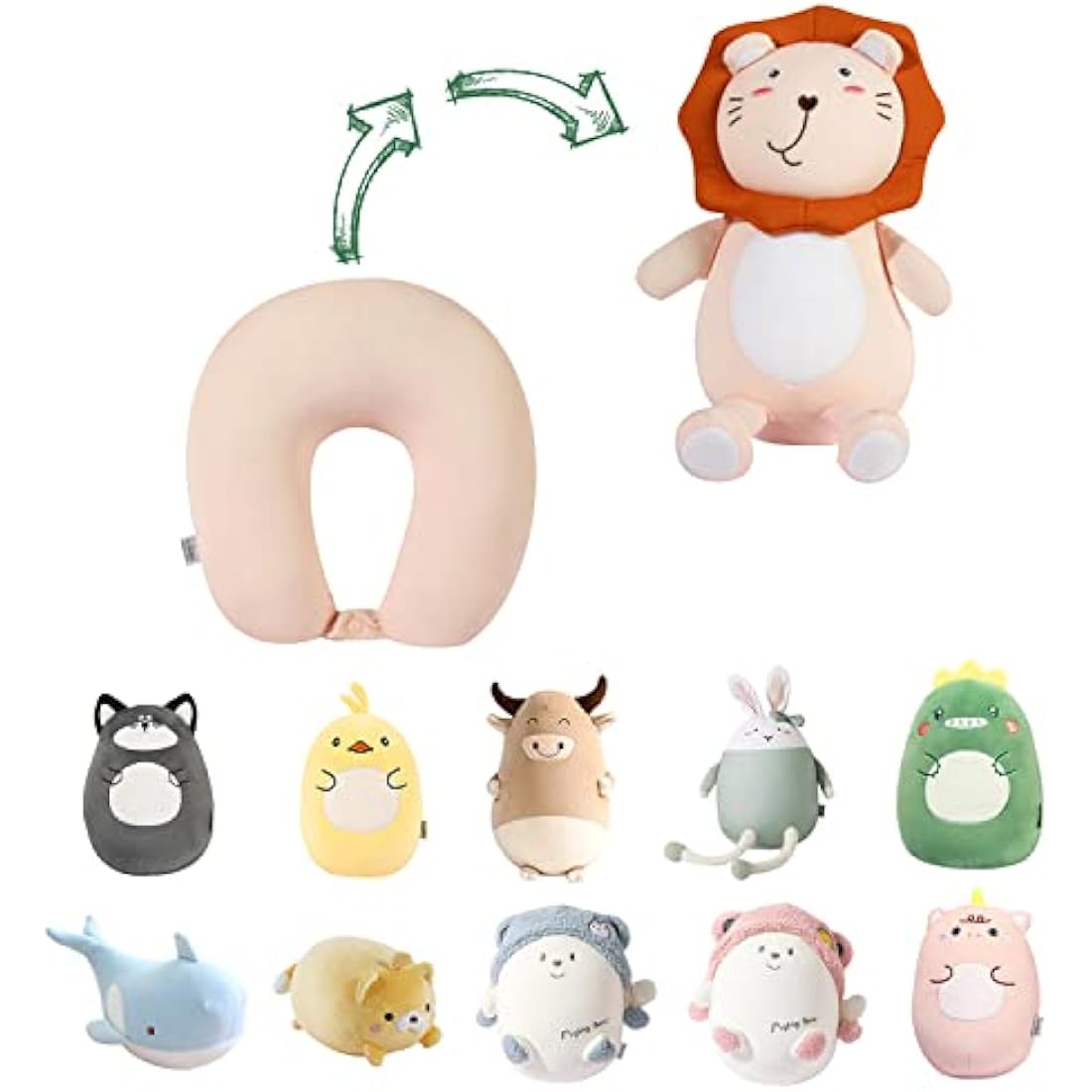 JOYRAVO 2-in-1 Travel Pillow for Kids - Soft and Adorable Animals Plushie That Converts into a U-Shaped Neck Pillow for Ultimate Comfort During Airplane, Train, Bus Trip -Pink Lion