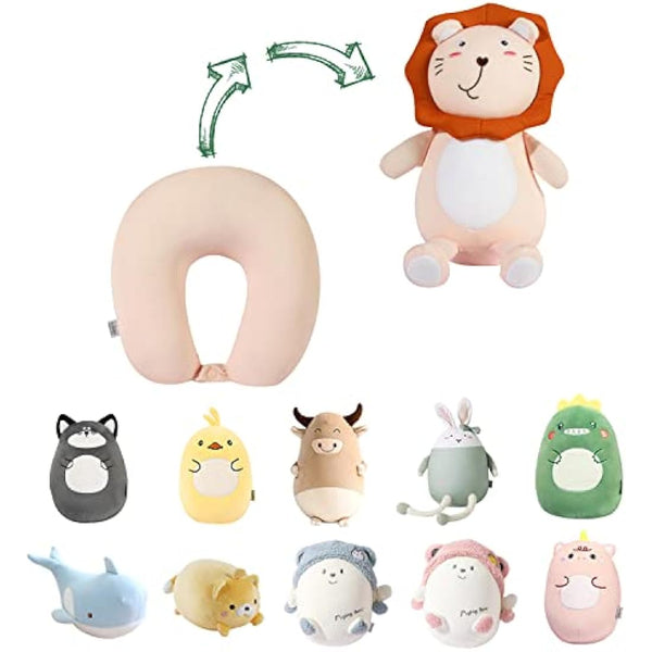 JOYRAVO 2-in-1 Travel Pillow for Kids - Soft and Adorable Animals Plushie That Converts into a U-Shaped Neck Pillow for Ultimate Comfort During Airplane, Train, Bus Trip -Pink Lion