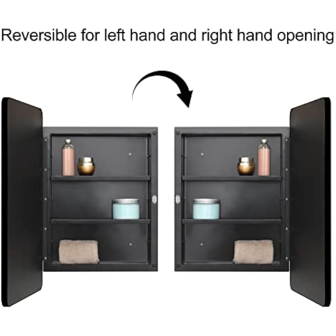 Fundin Plastic Mirror Cabinet, Beveled Edge Mirror Door with Round Corner Metal Frame, Recessed and Surface Mount, Black,40 X 61 CM