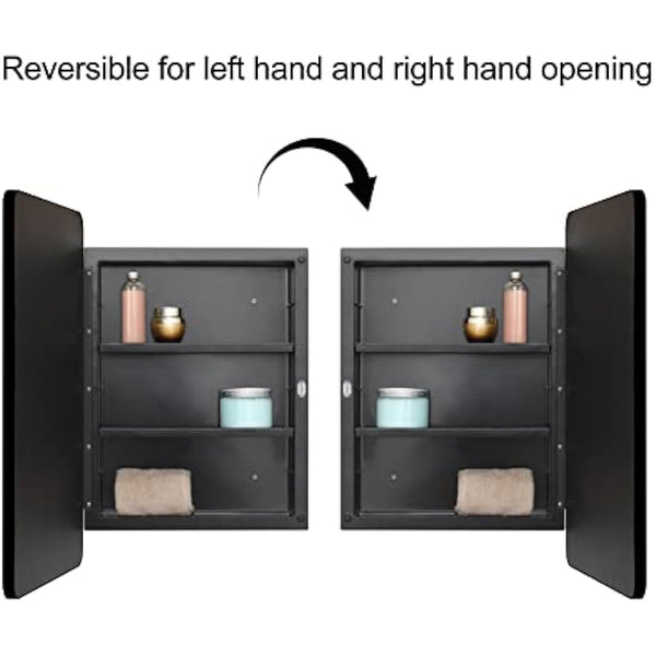 Fundin Plastic Mirror Cabinet, Beveled Edge Mirror Door with Round Corner Metal Frame, Recessed and Surface Mount, Black,40 X 61 CM