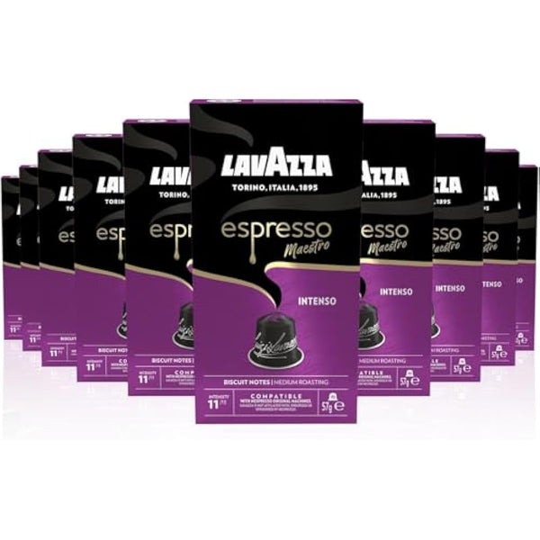 Lavazza, Espresso Maestro Intenso, 100 Aluminium Capsules Compatible with Nespresso Original Machines, Wood, Spice, & Cocoa Notes, Arabica & Robusta, Intensity 11/13, Medium Roasting