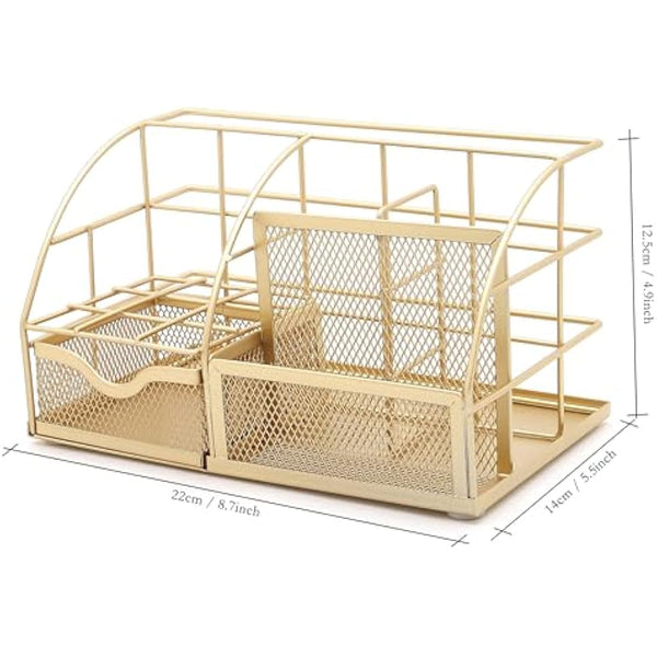 EXERZ Desk Organiser/Mesh Desk Tidy Caddy/Pencil Holder Multifunctional with 7 Compartments - Gold