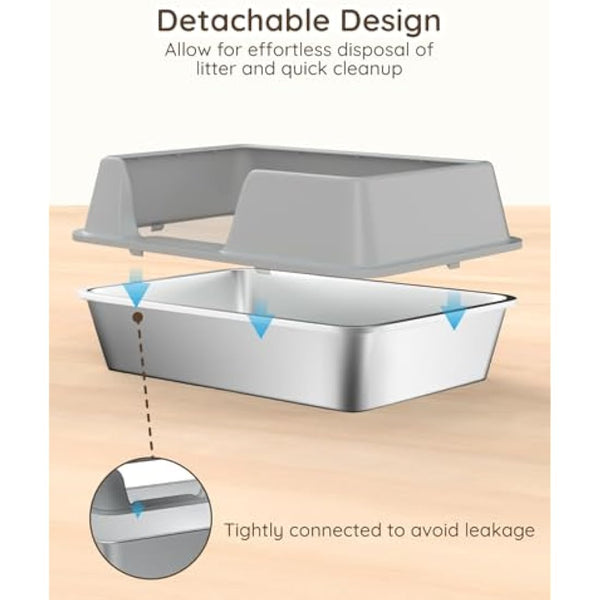 Papettly High Sided Stainless Steel Litter Box - Metal Cat Litter Tray with Splash-Proof Lid, Easy Cleaning & Odor-Less Kitten Litter Tray with Double Layer Litter Mat, Litter Scoop, Brush, 50x35x20CM