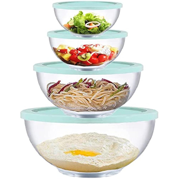Homwin Glass Mixing Bowls with Lids Set, 8 Pieces Glass Salad Bowl Set with Lids(0,5L, 1,0L, 2,0L, 3,5L),High Brosilicate Microwave Bowls for Kitchen Baking, Prepping Serving and Storage