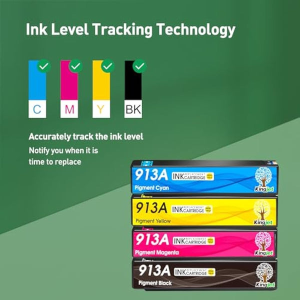 KINGJET 913A Ink Cartridges for HP 913A 913 Ink Multipack for PageWide Pro 377dw 377dn 477dw 477dn 352dn 452dn MFP 477dw 552dw 577dw Managed MFP P55250dw P57750dw (Black Cyan Magenta Yellow)