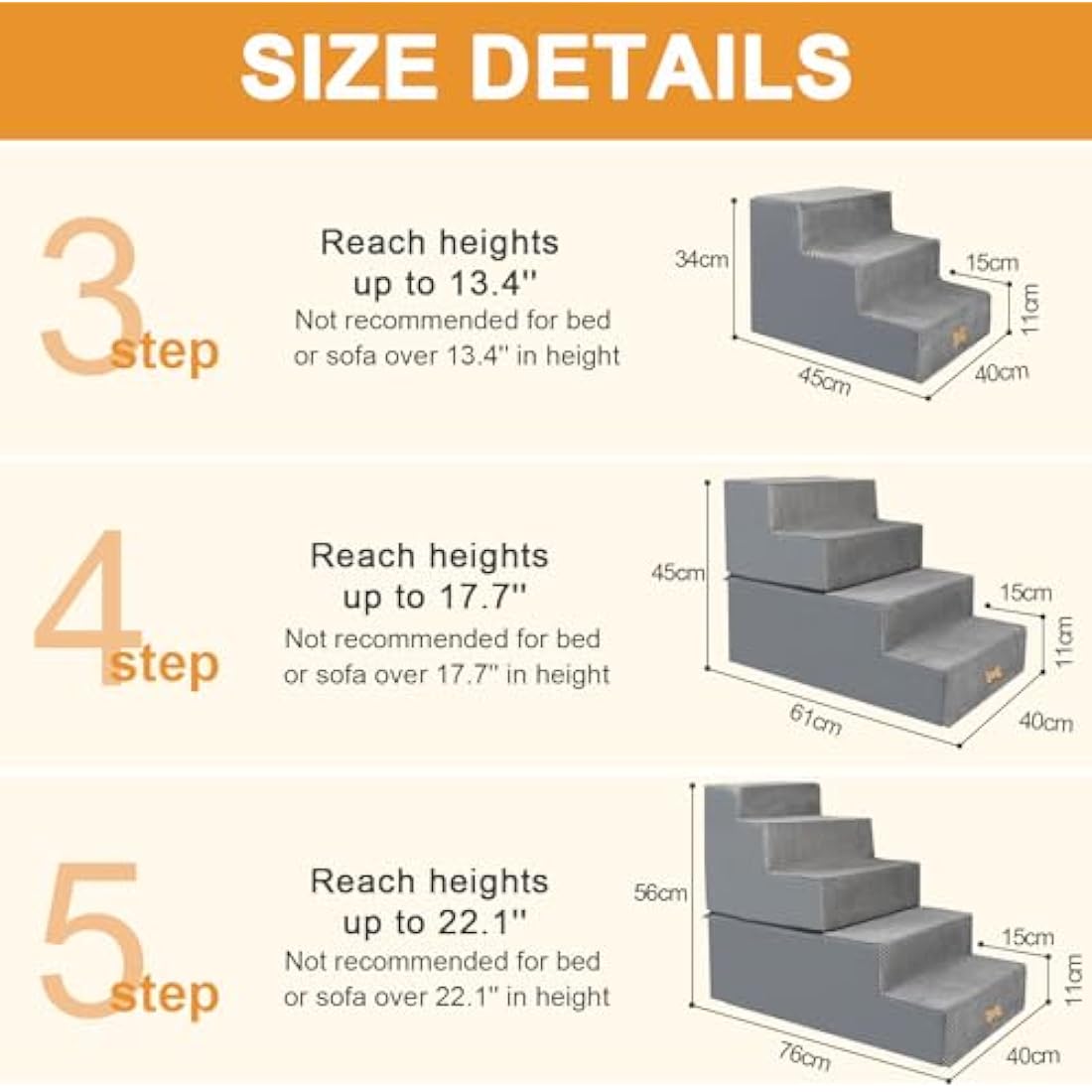 Nepfaivy Dog Steps Stairs for Bed - Non-Slip Pet Stairs for Small Dogs and Cats, 4-Steps Dog Ramp for Sofa with High Density Foam and Removable Cover, 61x40x45cm