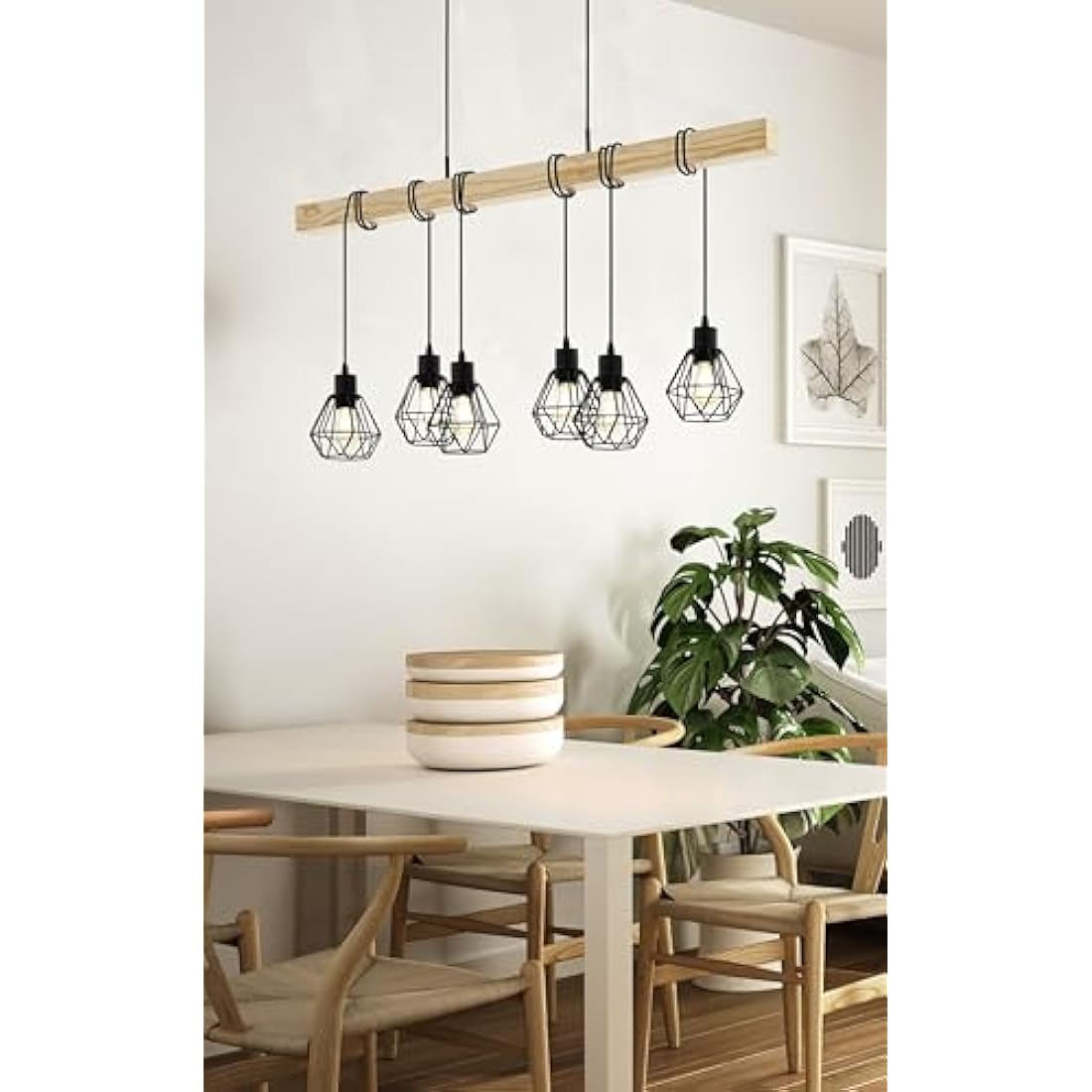 Eglo Pendant lighting Townshend 5, 6 light vintage hanging lamp in industrial design, retro ceiling light made of black metal and natural wood, FSC certified, E27