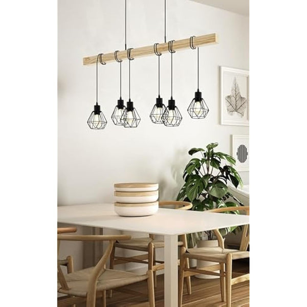 Eglo Pendant lighting Townshend 5, 6 light vintage hanging lamp in industrial design, retro ceiling light made of black metal and natural wood, FSC certified, E27