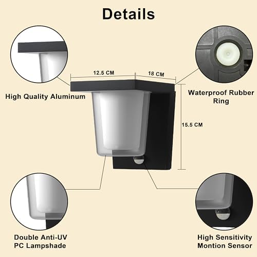 FLORNIA LED Outdoor Wall Light with Motion Sensor, Outside Wall Light Main Powered with PIR, External Garden Weatherproof Aluminium Lamp (900LM 13.5W 3000K IP44)