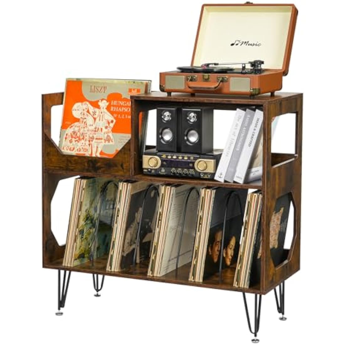 ikkle Large Rustic Record Player Stand, 2 Tier Record Player Table with Vinyl Record Storage, Vinyl Record Storage Cabinet with Metal Legs, Turntable Stand for Living Room, Bedroom, Holds 370 Albums