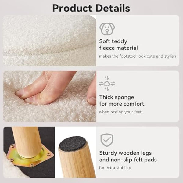 IBUYKE 13 Inch Small Footstool Ottoman with Storage, Round Pouffe Foot Rest with Padded Seat and Wood Legs, Teddy Velvet Mini Footstool for Living Room Couch Bedroom Entryway, Cream WBD006W