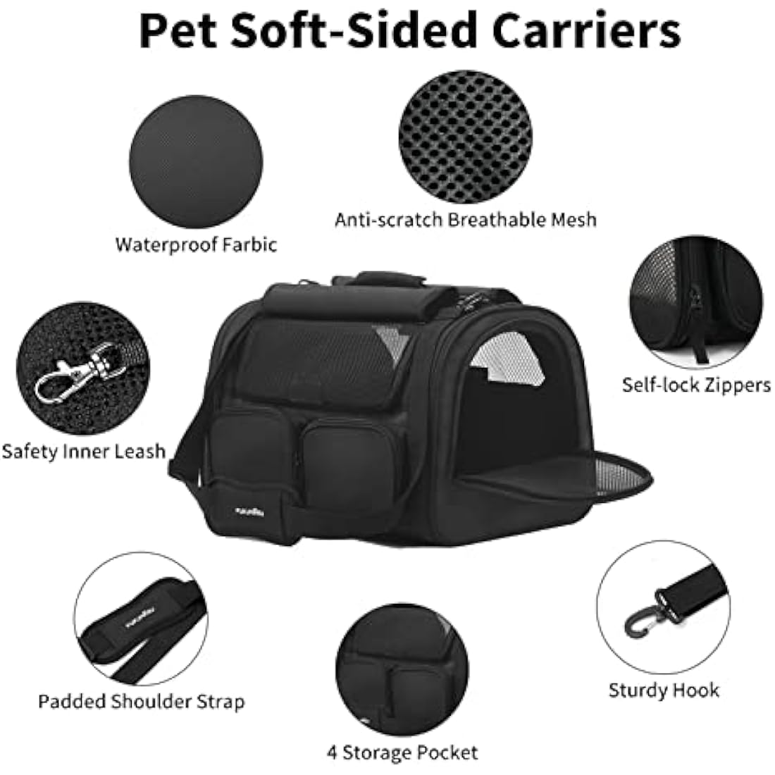 FUKUMARU Cat Carrier, 4 Mesh Windows Small Dog Carrier, 4 Storage Pockets Cat Travel Bag, Under 6.8 Kg Airline Approved Pet Carrier, Rollable Cover for Nervous Cats, Black