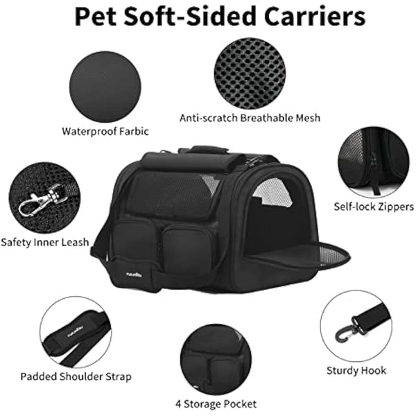 FUKUMARU Cat Carrier, 4 Mesh Windows Small Dog Carrier, 4 Storage Pockets Cat Travel Bag, Under 6.8 Kg Airline Approved Pet Carrier, Rollable Cover for Nervous Cats, Black
