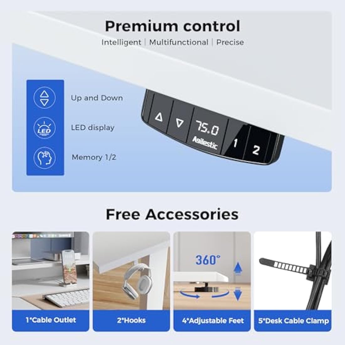Agilestic Electric Adjustable Height Desk with 2 Drawers, 120 x 60 cm, Stable Sit-Stand Desk with Memory Control, Ergonomic Computer Desk, White