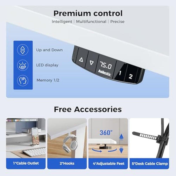 Agilestic Electric Adjustable Height Desk with 2 Drawers, 120 x 60 cm, Stable Sit-Stand Desk with Memory Control, Ergonomic Computer Desk, White