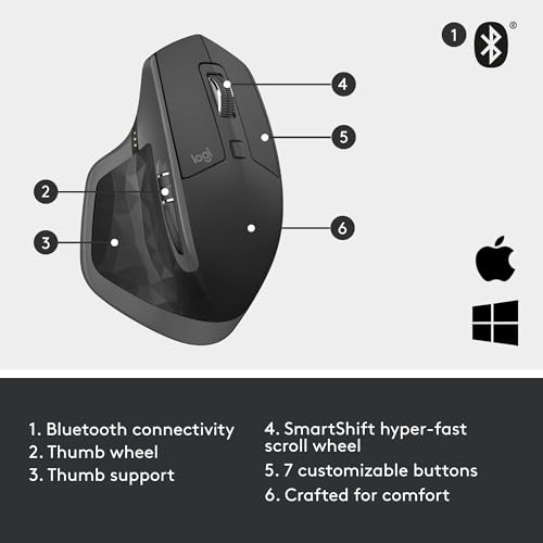 Logitech MX Master 2S Bluetooth Edition Wireless Mouse, Multi-Surface, Hyper-Fast Scrolling, Ergonomic, Rechargeable, Connects Up to 3 Mac/PC Computers - Graphite