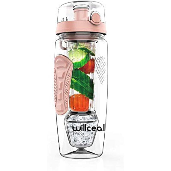 Fruit Infuser Water Bottle 32oz Durable with Detachable Ice Gel Ball,Large - BPA Free Tritan, Flip Lid, Leak Proof Design - Sports, Camping (Gold)
