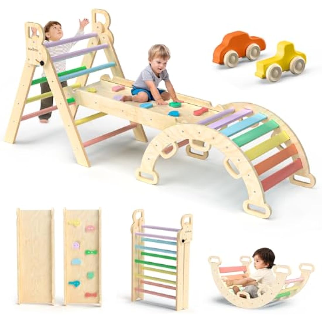 BlueWood Triangle Set 7in1 Foldable Baby Climbing Toys Wooden Montessori with Arch&Ramp&Ladder Climber Indoor Jungle Gyms for Toddlers - Rainbow
