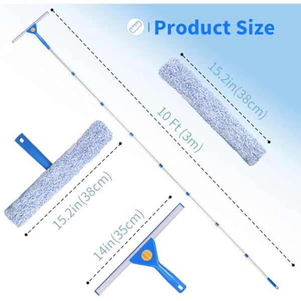 3m Window Squeegee Cleaner Tool Kit with Long Handle, 35cm Window Washing Squeegee and 38cm Scrubber Cleaning Equipment for Home, Shower Glass, Car, RV