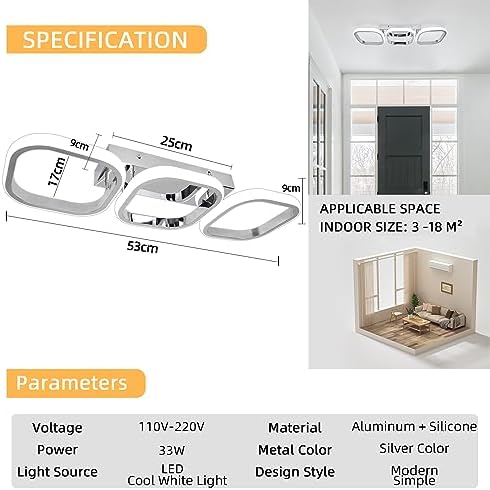 EIDISUNY Modern Led Ceiling Light, Flush Mount Ceiling Lamp 3 Squares LED, Close to Ceiling Lighting Fixtures for Hallway Bedroom Living Room Kitchen Office Entrance - 33W Cool White Light (Silver)