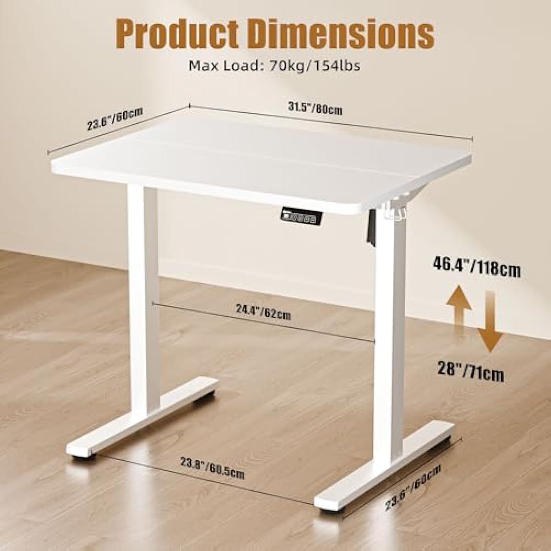 ERGOMAKER Electric Height Adjustable Standing Desk 80x60cm, Sit Stand Desk with Splicing Top for Home Office (White Frame + White Desktop)