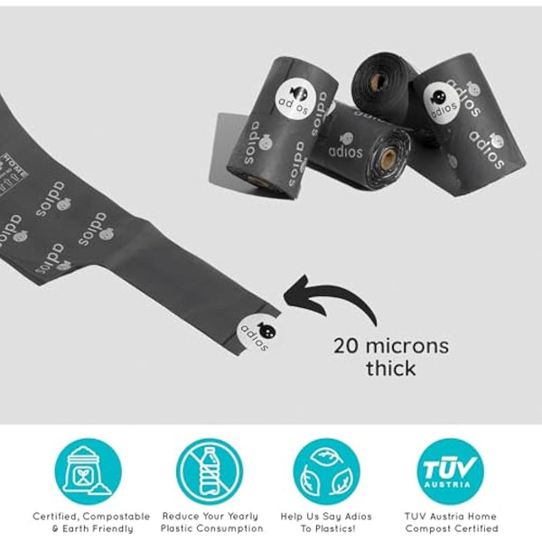 Adios Plastic - Compostable Dog Poop Bags with Handles, 360 Count (24 Rolls) - Grey - Extra Thick, Leakproof, Odour Proof Dog Waste Bags - Made from Compostable Cornstarch - Easy Tear Rolls