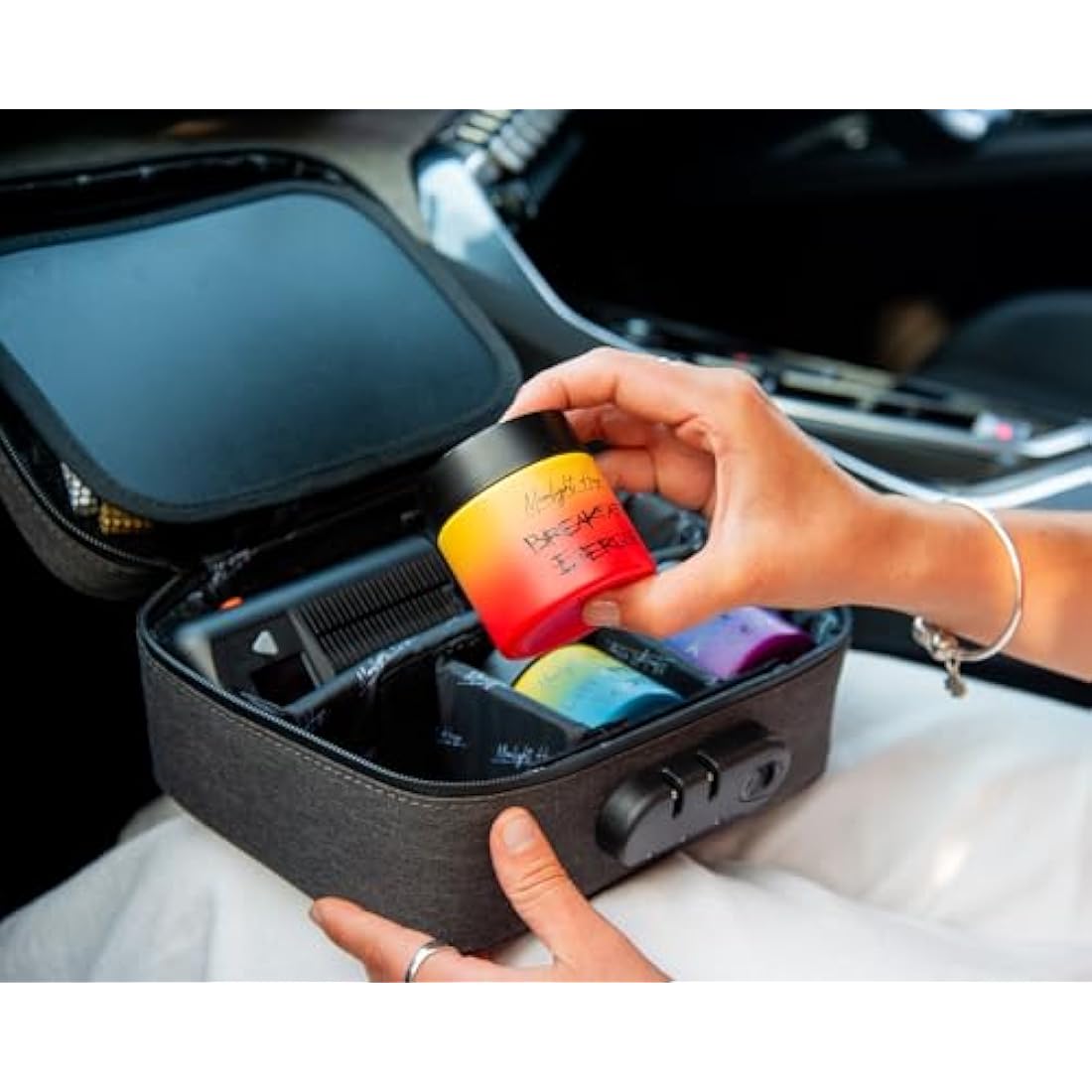 Moonlight Haze Smell Proof Bag – Smell Proof Box Stash Box Gift Set with 3 Smell Proof Containers, Metal Grinder, Integrated Rolling Tray, 3 Doob Tubes, and Stash Jars – Gifts for Men & Women