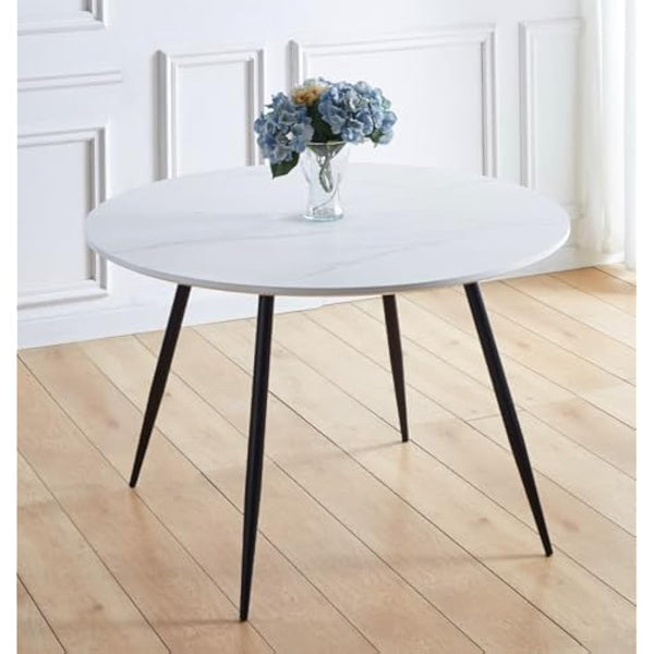 Hallowood Furniture Cullompton Large Marble Effect Top White Dining Table with Black Metal Legs, 4-6 Seater Round Table for Dining Rooms, Kitchens, or Cafés