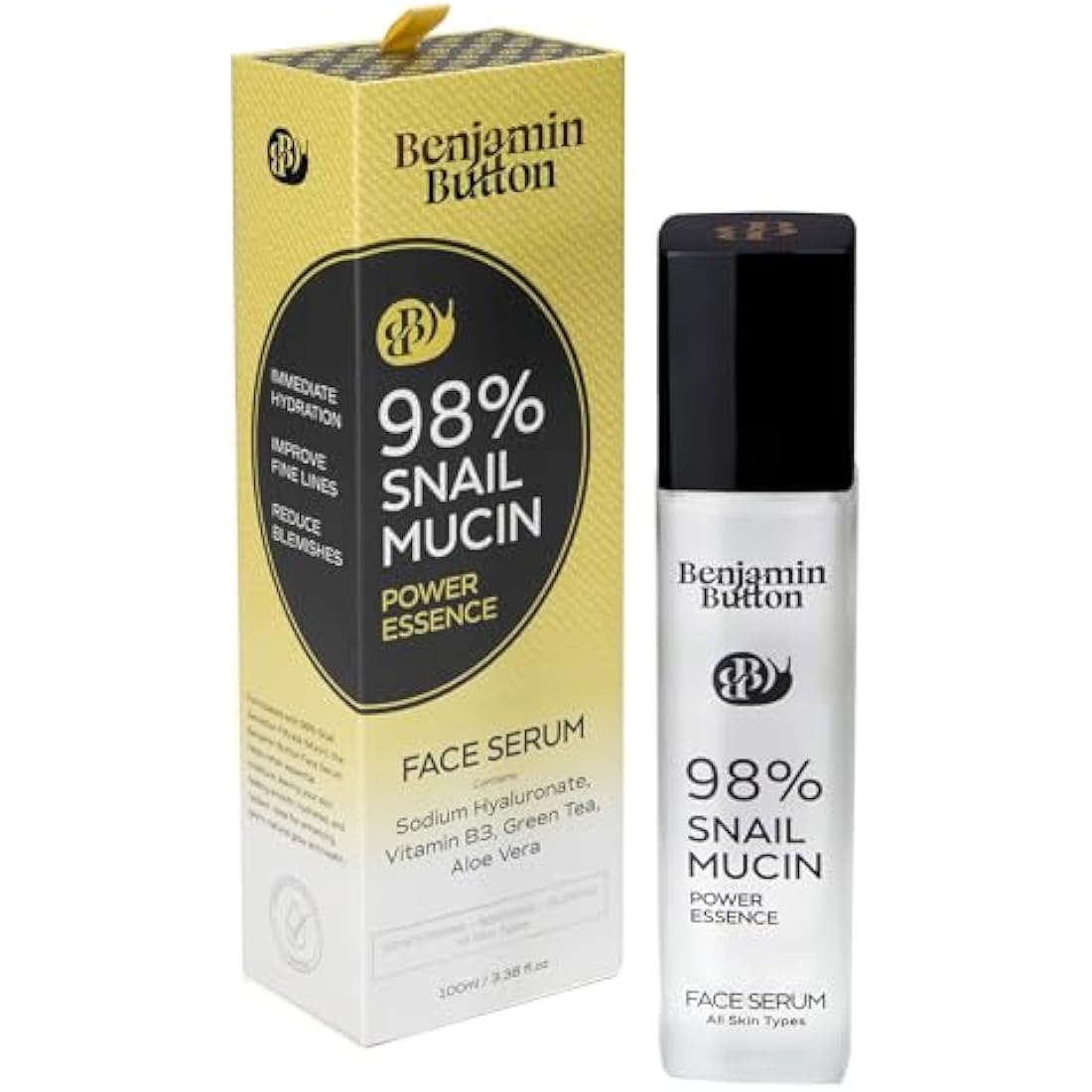 98% Snail Mucin Serum - Benjamin Button® | Hydrating, Anti-Aging, & Brightening with Hyaluronic Acid, Niacinamide, Green Tea, Aloe Vera | Ideal for Sensitive Skin & All Skin Types