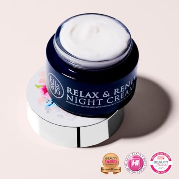 Ella & Jo Relax & Renew Night Cream: Hydrating, Anti-Aging Moisturiser with Bakuchiol, A Plant-Based Retinol, Peptides + Hyaluronic Acid - Plumps Fine Lines, Stimulates Skin Repair and Renewal - 50ml