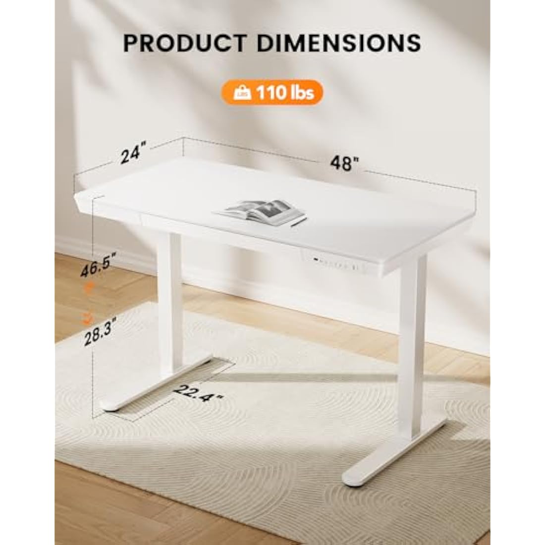 ErGear Electric Standing Desk, 120 x 60cm Height Adjustable Standing Desk with Drawer & 2 Charging Ports, 3 Memory Standing Up Desk for Home Office (White Top+White Frame)