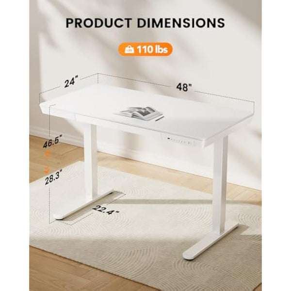 ErGear Electric Standing Desk, 120 x 60cm Height Adjustable Standing Desk with Drawer & 2 Charging Ports, 3 Memory Standing Up Desk for Home Office (White Top+White Frame)