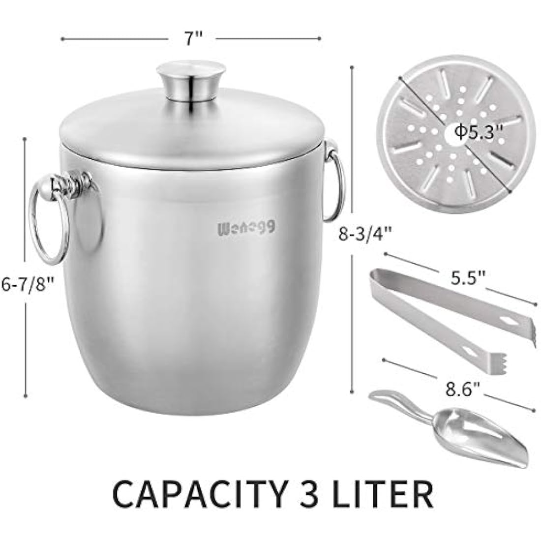 3L Insulated Stainless Steel Ice Bucket with Lid, Scoop, Tongs & Strainer - Keeps Ice Frozen for Cocktails & Parties