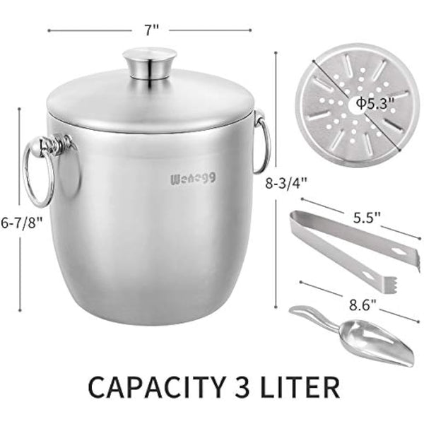 3L Insulated Stainless Steel Ice Bucket with Lid, Scoop, Tongs & Strainer - Keeps Ice Frozen for Cocktails & Parties
